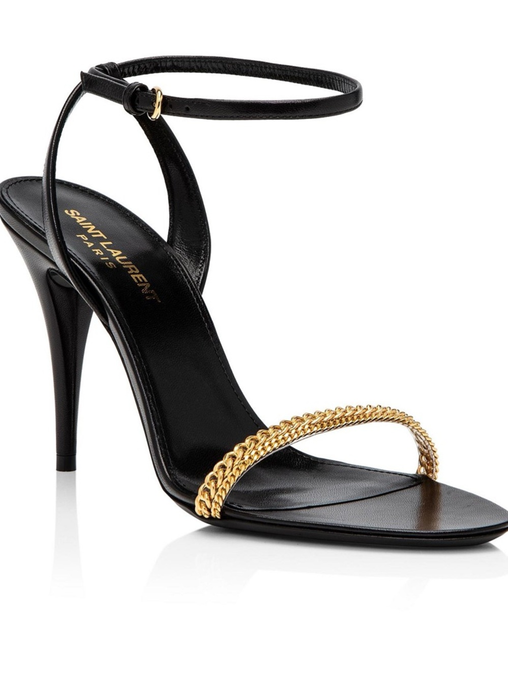 Saint Laurent Black Leather High-Heel Sandal with Gold Chain Toe Strap (EU 37.5)